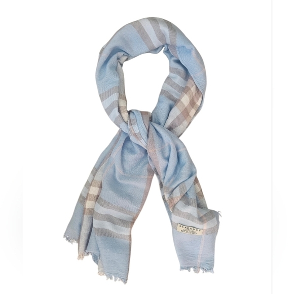 Burberry Accessories - Burberry London 100% Cashmere Powder Blue Tan Cream Check Luxury Designer Scarf